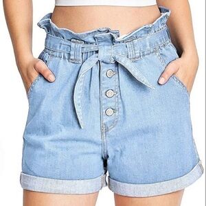 Wax Jean high rise tie front button fly cotton light denim blue short  S / W28